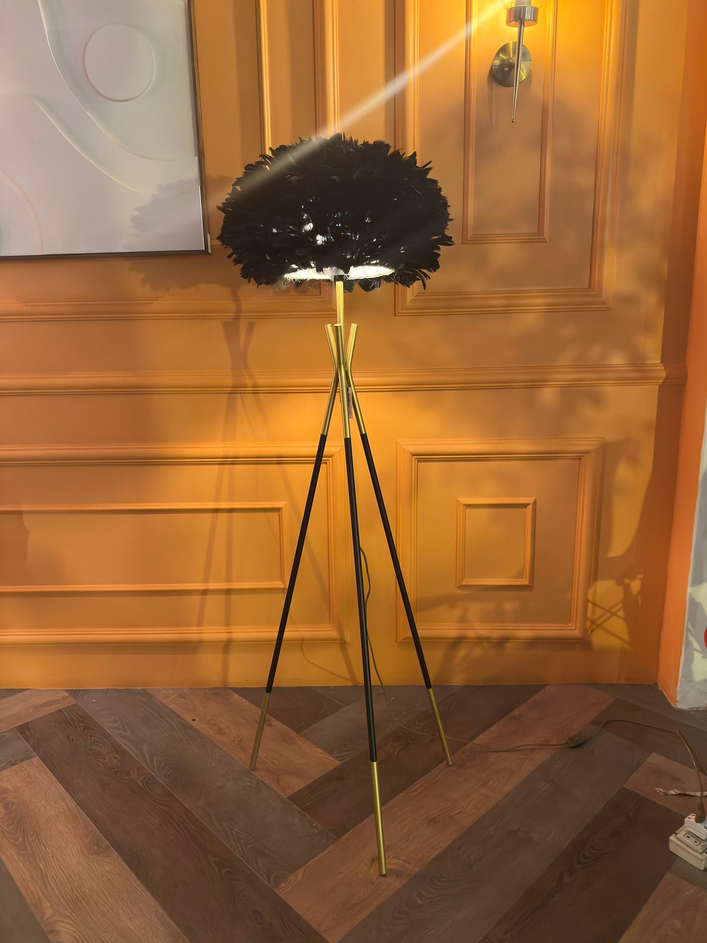 Luxurious Black Feather Tripod Floor Lamp - Modern Glamour & Ambient Lighting