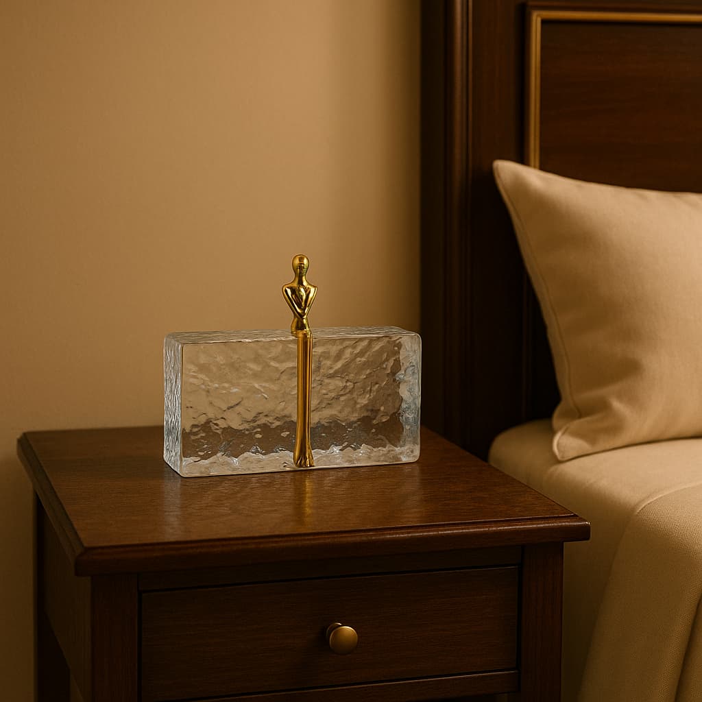 Modern Golden Figure on Clear Textured Block - Abstract Award Style Sculpture for Desk & Shelf