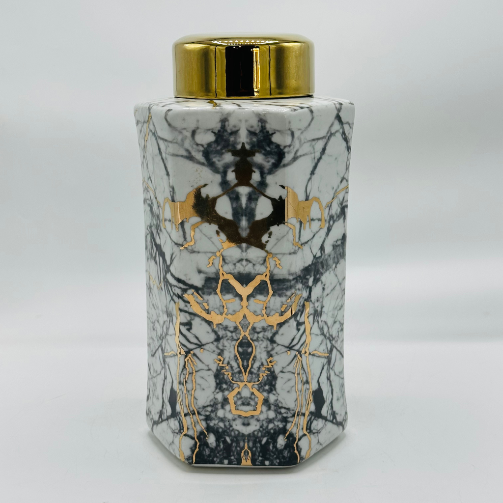 Elegant Marble Effect Ceramic Jar with Gold Horse Motifs & Lid - Decorative Canister
