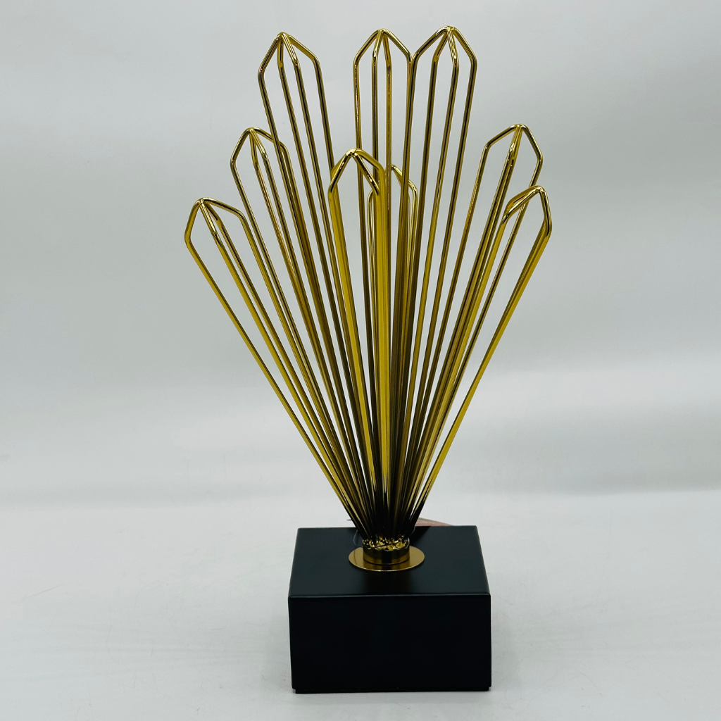 Modern Gold Wire Fan Sculpture on Black Base - Abstract Decorative Ornament