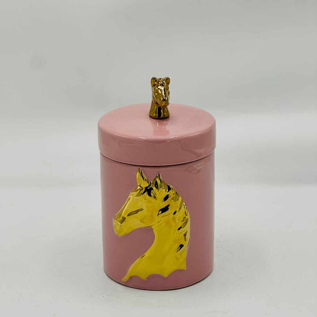 Set of 2 Elegant Pink Ceramic Decorative Jar with Sculpted Gold Horse Head Accents