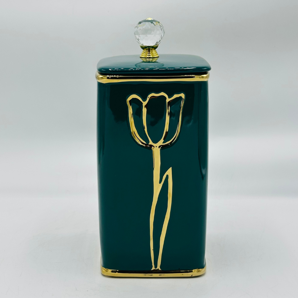 Elegant Tulip Design Ceramic Storage Jar with Crystal Knob Lid - Decorative Canister