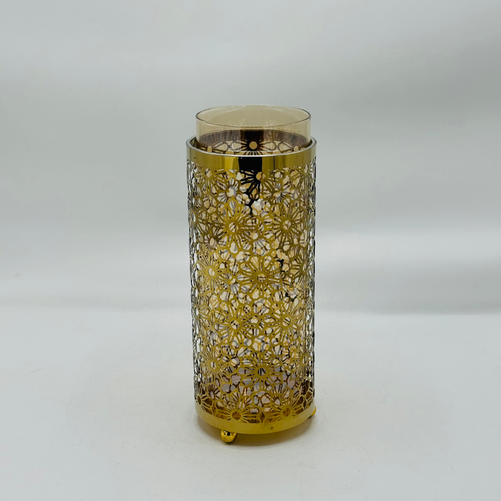 Elegant Gold Metal Filigree Candle Holder with Amber Glass Insert - Decorative Lantern