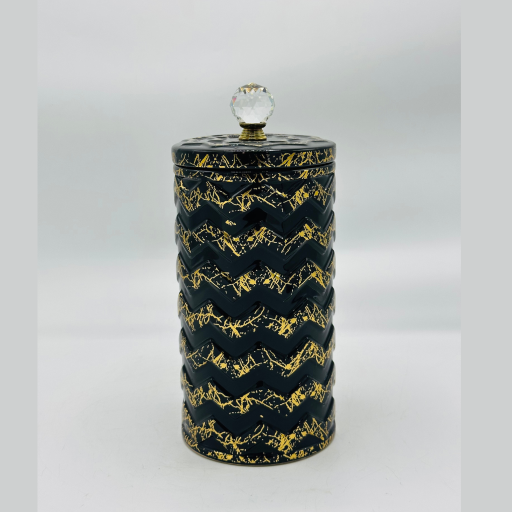 Elegant Black Ceramic Storage Jar with Gold Textured Pattern & Crystal Knob Lid - Decorative Canister