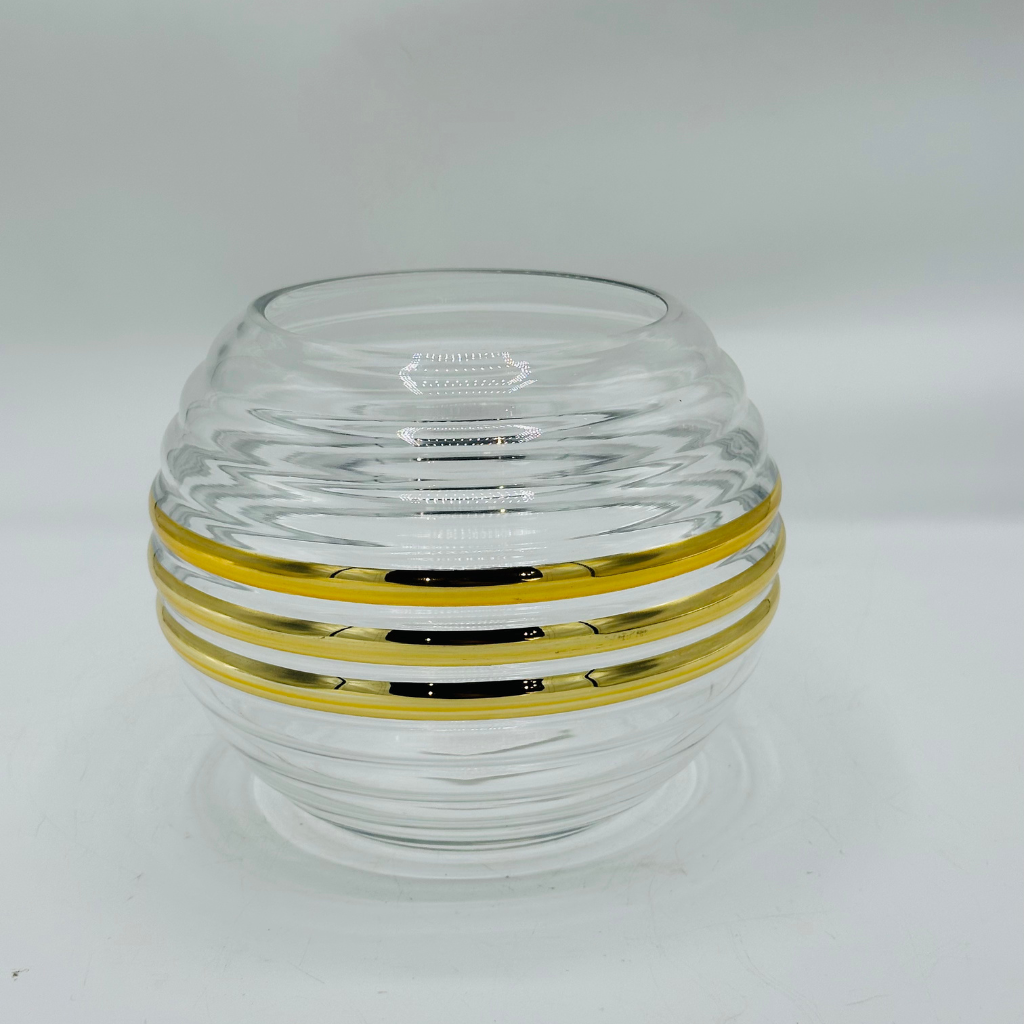 Elegant Clear Glass Votive Holder with Amber Gold Spirals - Hand Blown Candle Light