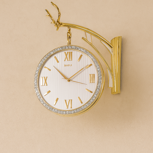 Golden Double-Sided Wall Clock with Crystal Frame – BAOLI Luxury Design
