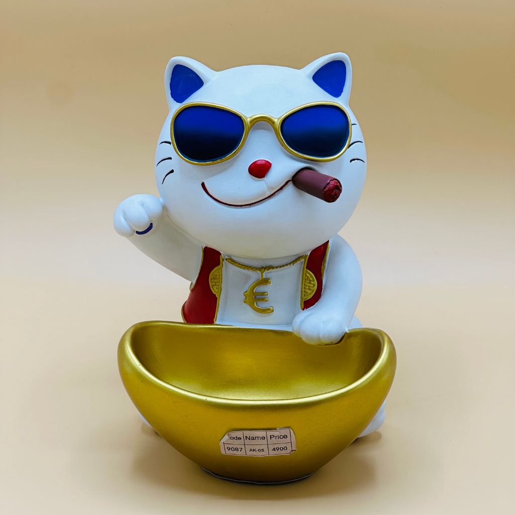 Lucky Cat Resin Statue with Sunglasses - Decorative Storage Tray