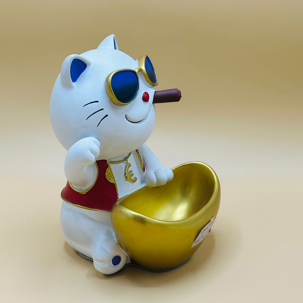 Lucky Cat Resin Statue with Sunglasses - Decorative Storage Tray