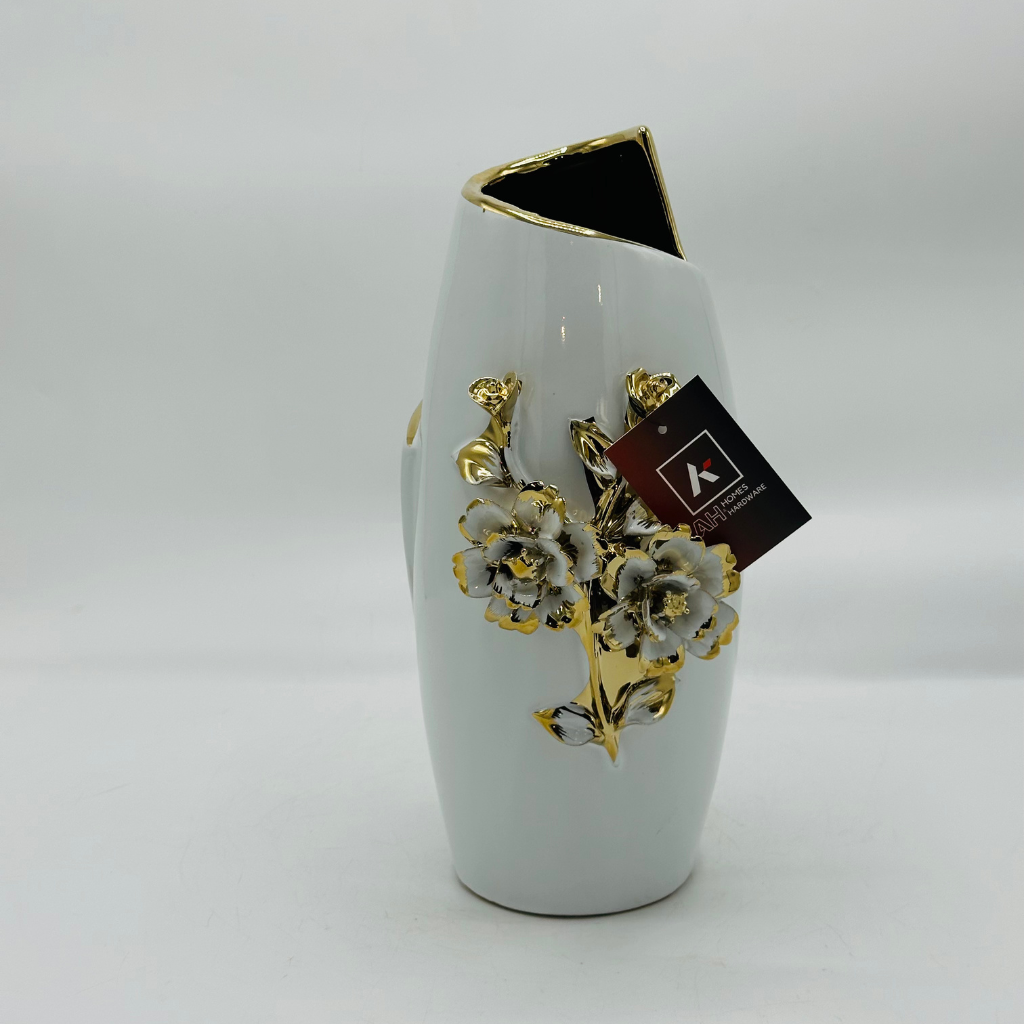 Elegant White Ceramic Vase with Raised Gold Floral Detail - Modern Decorative Vase