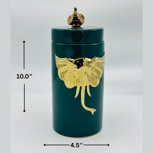 Elegant Ceramic Jar with Golden Elephant Detail & Lid