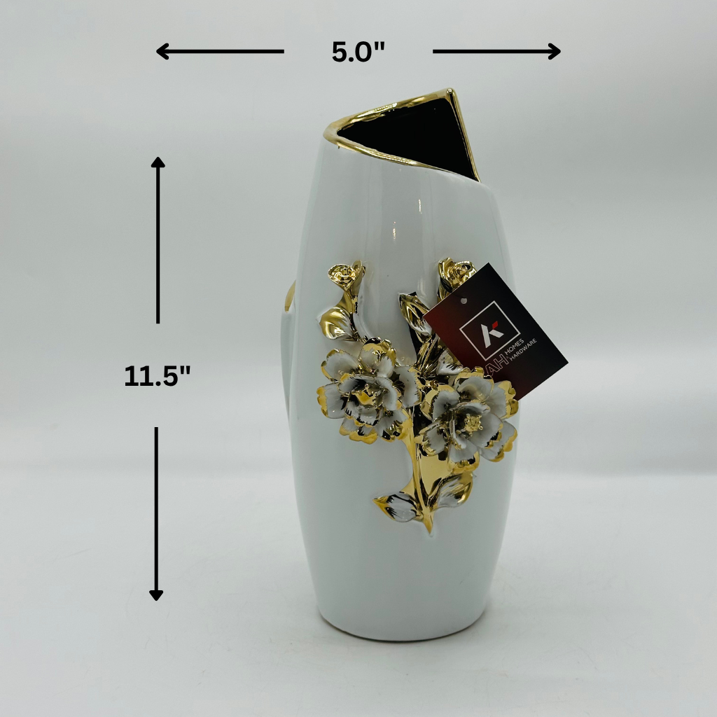 Elegant White Ceramic Vase with Raised Gold Floral Detail - Modern Decorative Vase