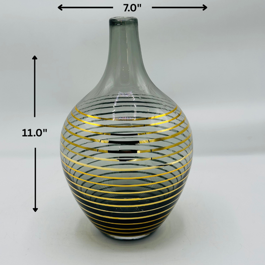 Elegant Smoky Gray Glass Vase with Gold Horizontal Stripes - Modern Decorative Vase