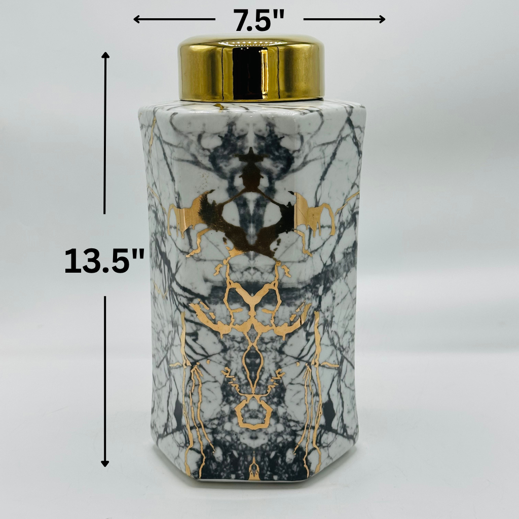 Elegant Marble Effect Ceramic Jar with Gold Horse Motifs & Lid - Decorative Canister