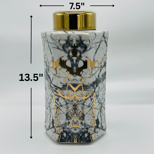 Elegant Marble Effect Ceramic Jar with Gold Horse Motifs & Lid - Decorative Canister