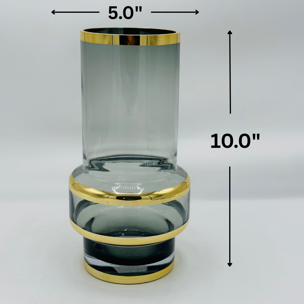 Elegant Mel Rin Style Smoky Gray Glass Vase with Gold Bands - Modern Decorative Vase