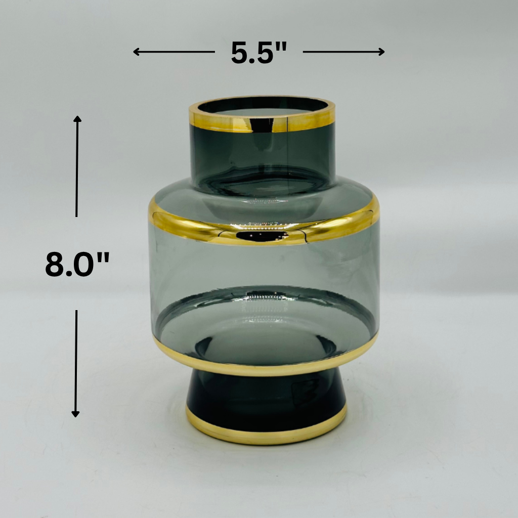 Elegant Mel Rin Style Smoky Gray Glass Vase with Gold Bands - Modern Decorative Vase