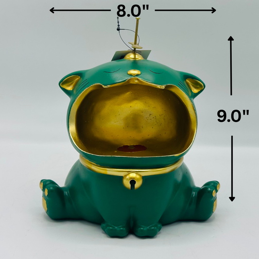 Whimsical Green Cat Storage Box with Gold Interior - Decorative Organizer Figurine