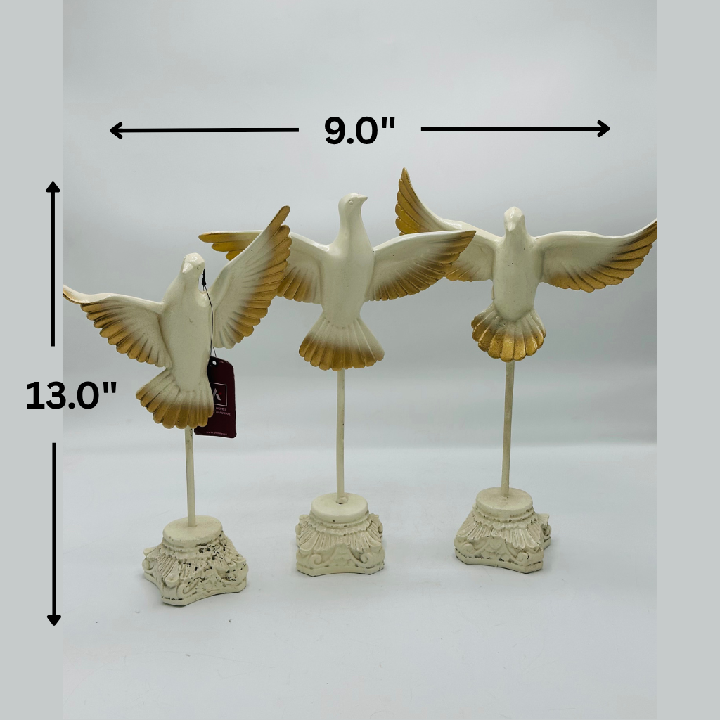 Set of 3 Elegant White & Gold Dove Sculptures - Symbol of Peace Decorative Figurines