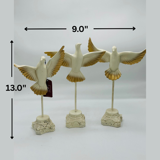 Set of 3 Elegant White & Gold Dove Sculptures - Symbol of Peace Decorative Figurines