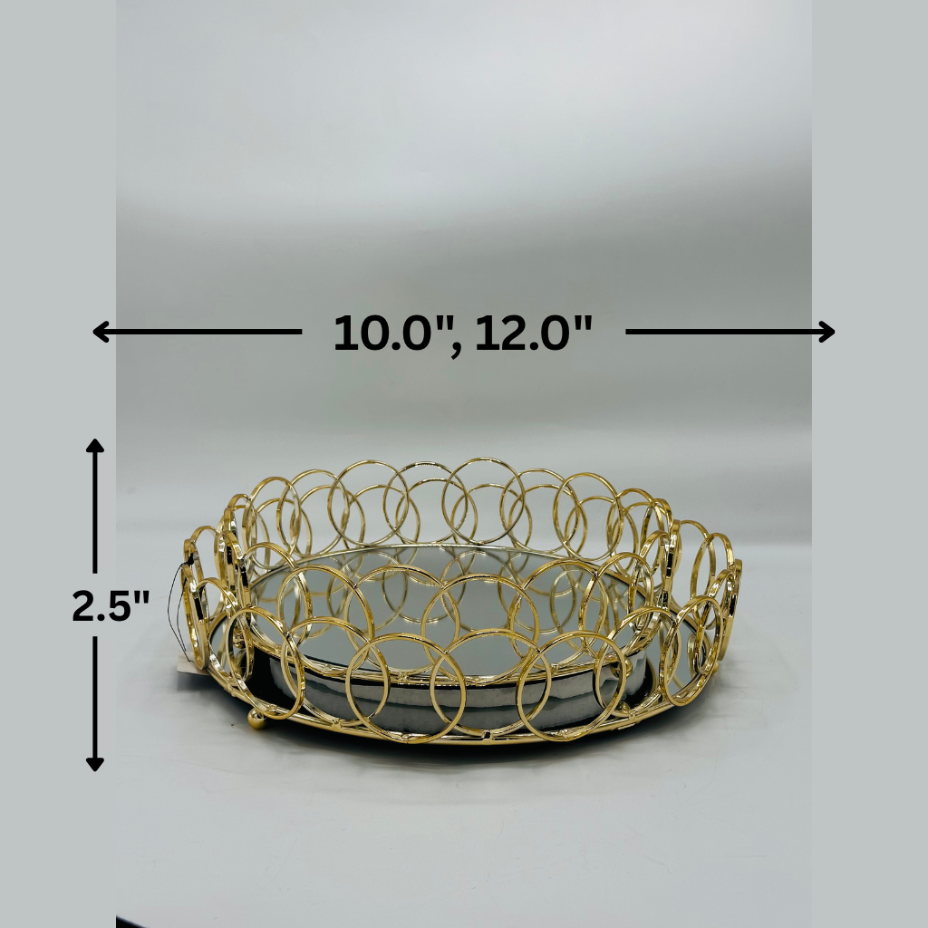 Elegant Gold Circular Metal Two Trays with Mirrored Base - Decorative Centerpiece Dish