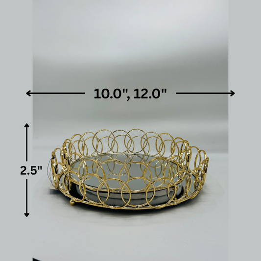 Elegant Gold Circular Metal Two Trays with Mirrored Base - Decorative Centerpiece Dish