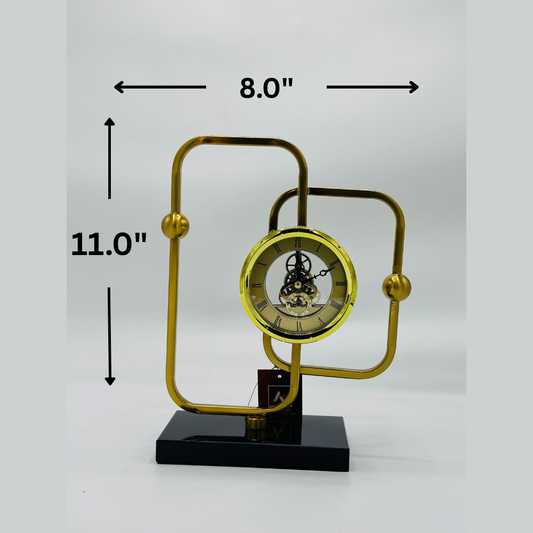 Modern Abstract Gold Frame Table Clock with Exposed Gears on Black Base - Sculptural Desk Clock