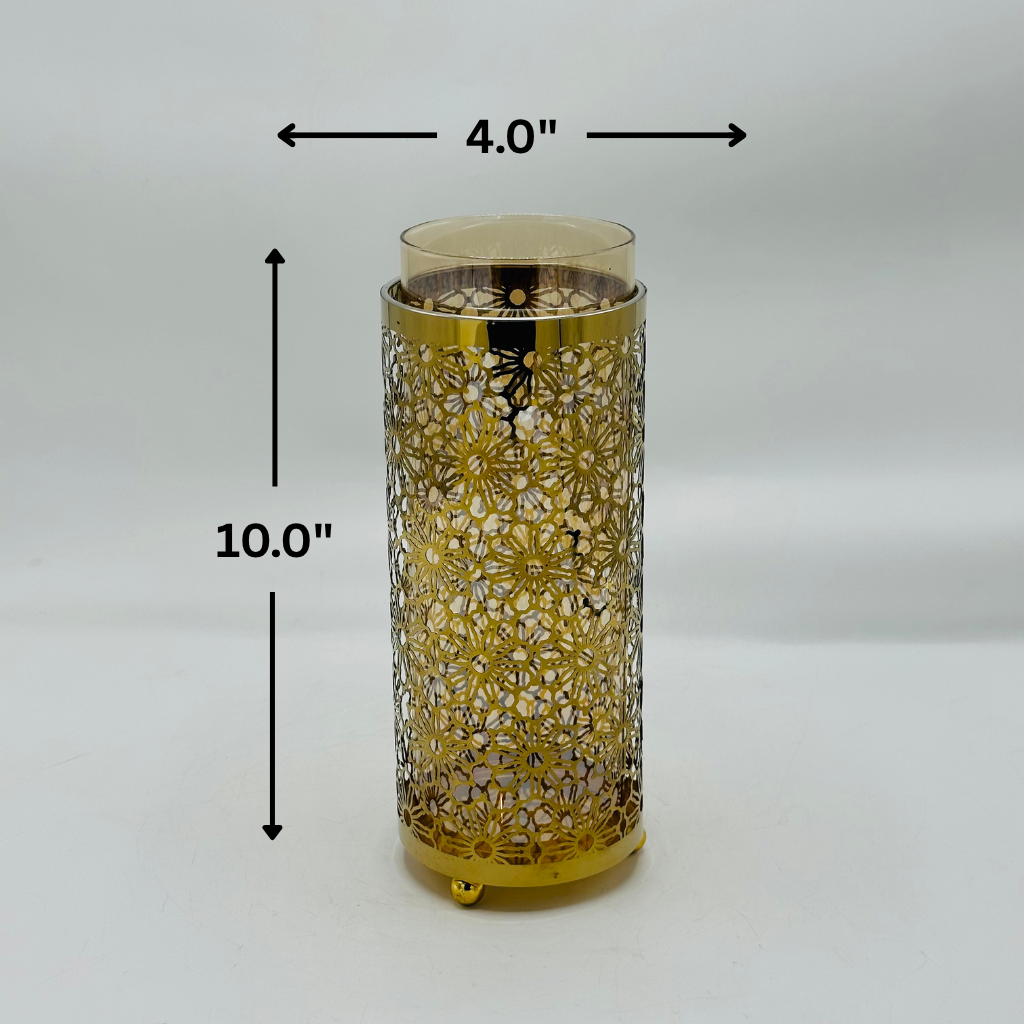 Elegant Gold Metal Filigree Candle Holder with Amber Glass Insert - Decorative Lantern