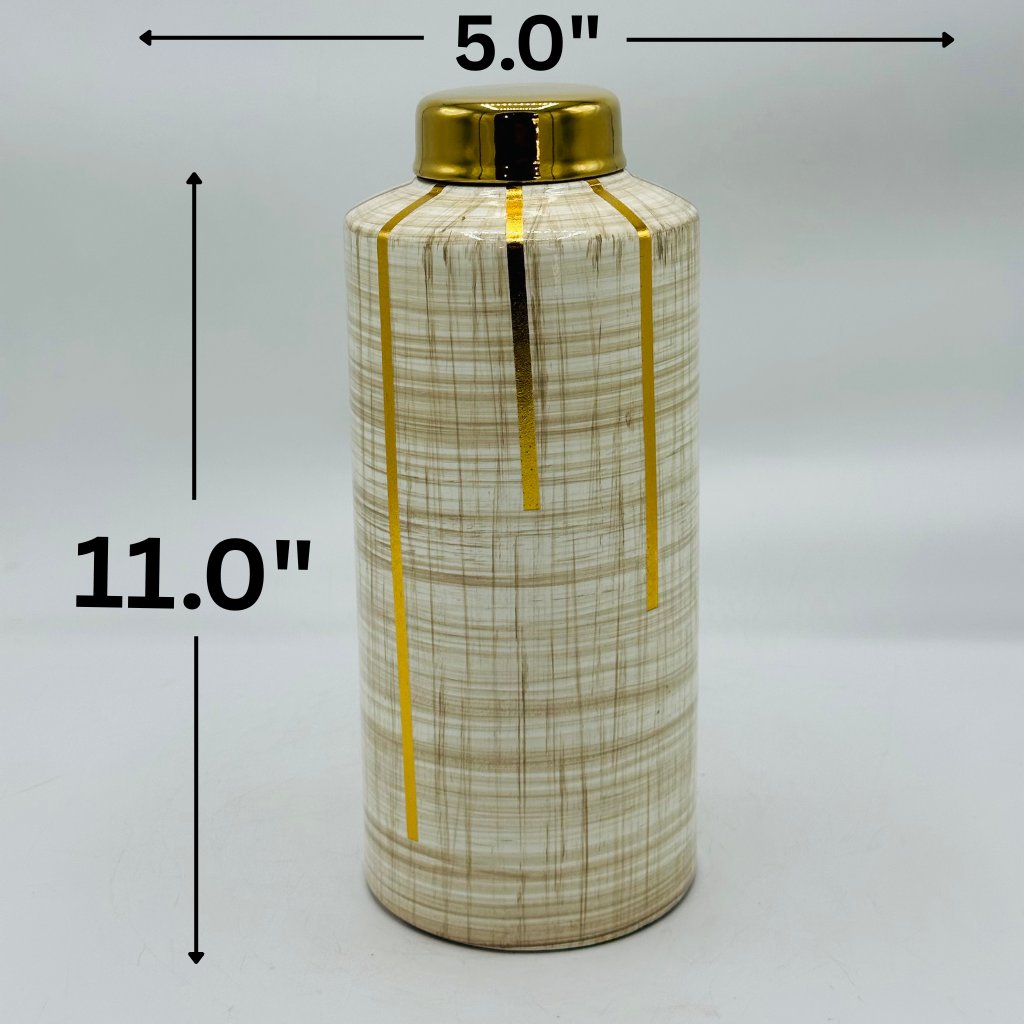 Neutral Textured Ceramic Storage Jar with Gold Accents & Lid - Modern Decorative Canister