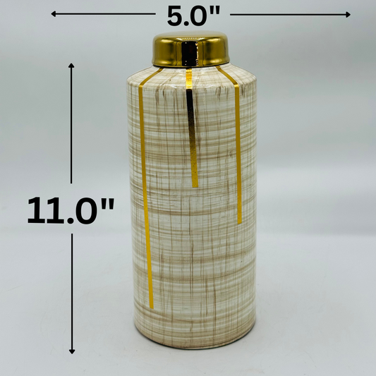 Neutral Textured Ceramic Storage Jar with Gold Accents & Lid - Modern Decorative Canister