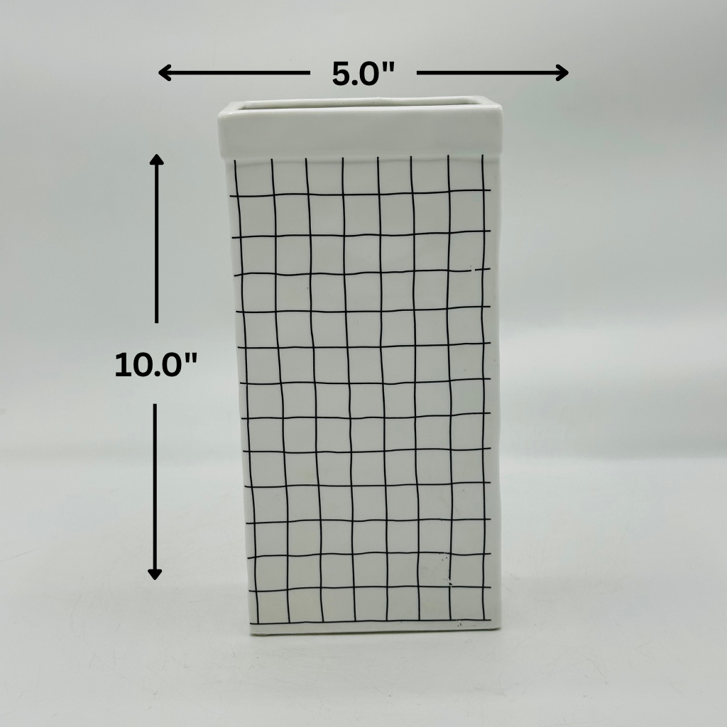 Modern White Ceramic Rectangular Vase with Black Grid Pattern - Minimalist Decor