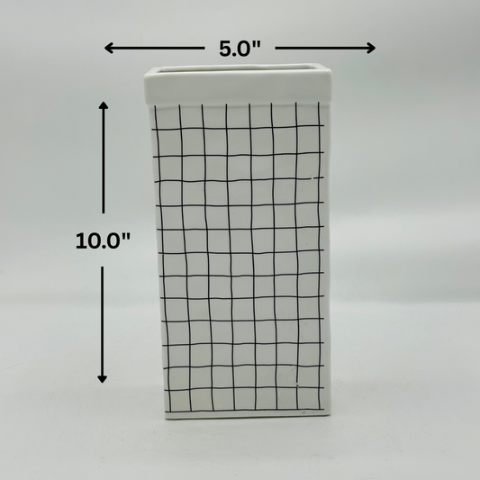 Modern White Ceramic Rectangular Vase with Black Grid Pattern - Minimalist Decor