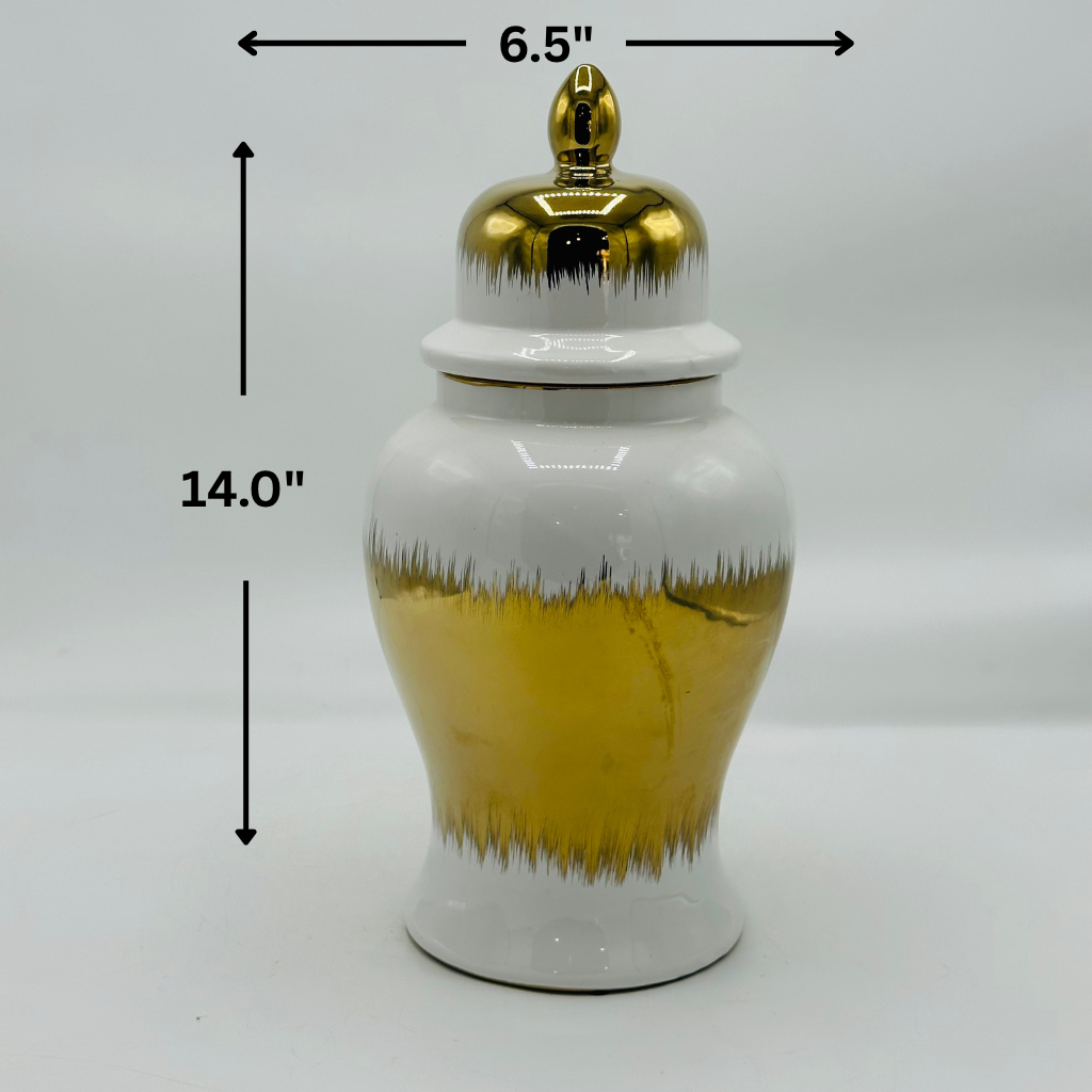Elegant White & Gold Brushstroke Ceramic Ginger Jar with Lid - Decorative Urn