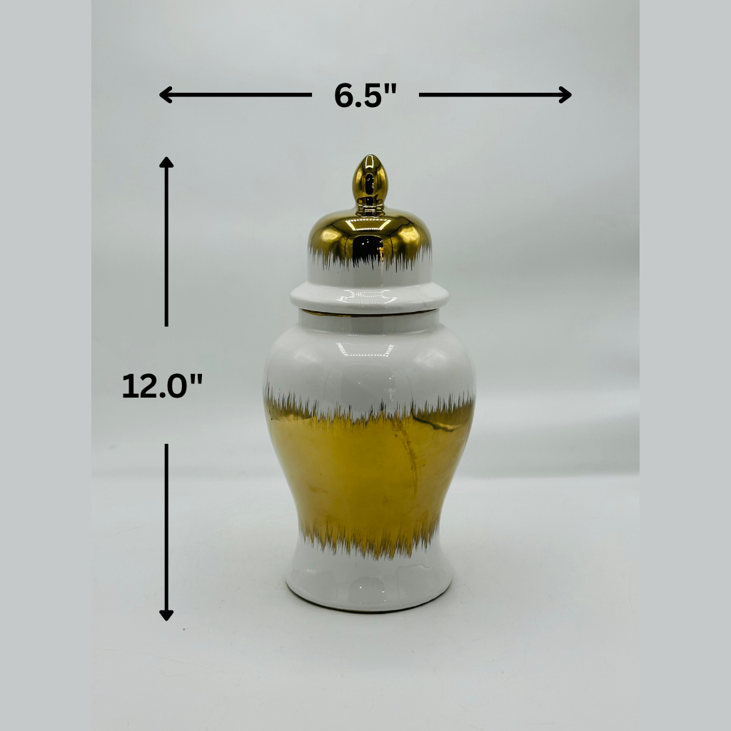 Elegant White & Gold Brushstroke Ceramic Ginger Jar with Lid - Decorative Urn