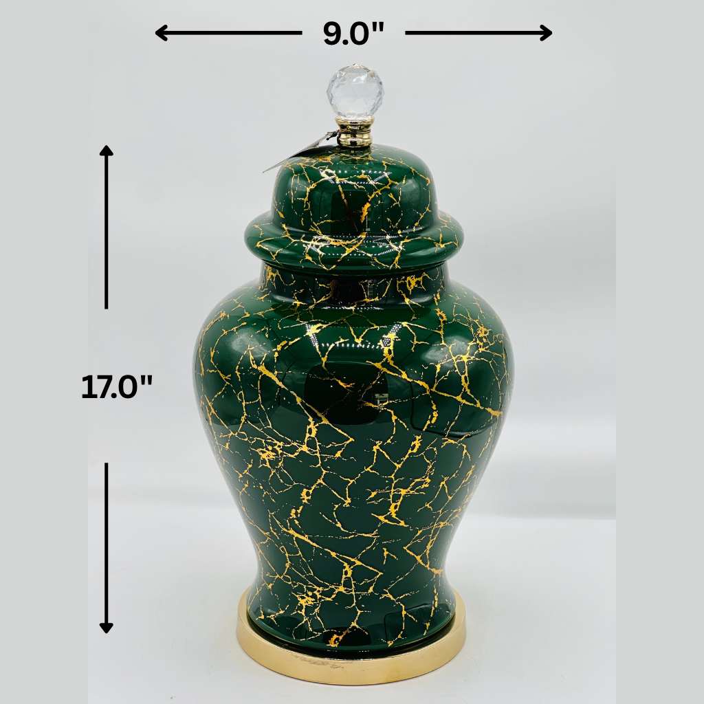 Elegant Forest Green & Gold Crackle Glaze Ceramic Ginger Jar with Crystal Knob - Decorative Urn
