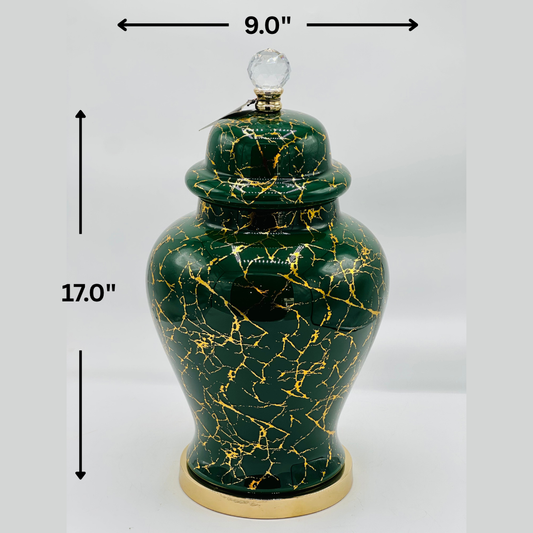 Elegant Forest Green & Gold Crackle Glaze Ceramic Ginger Jar with Crystal Knob - Decorative Urn