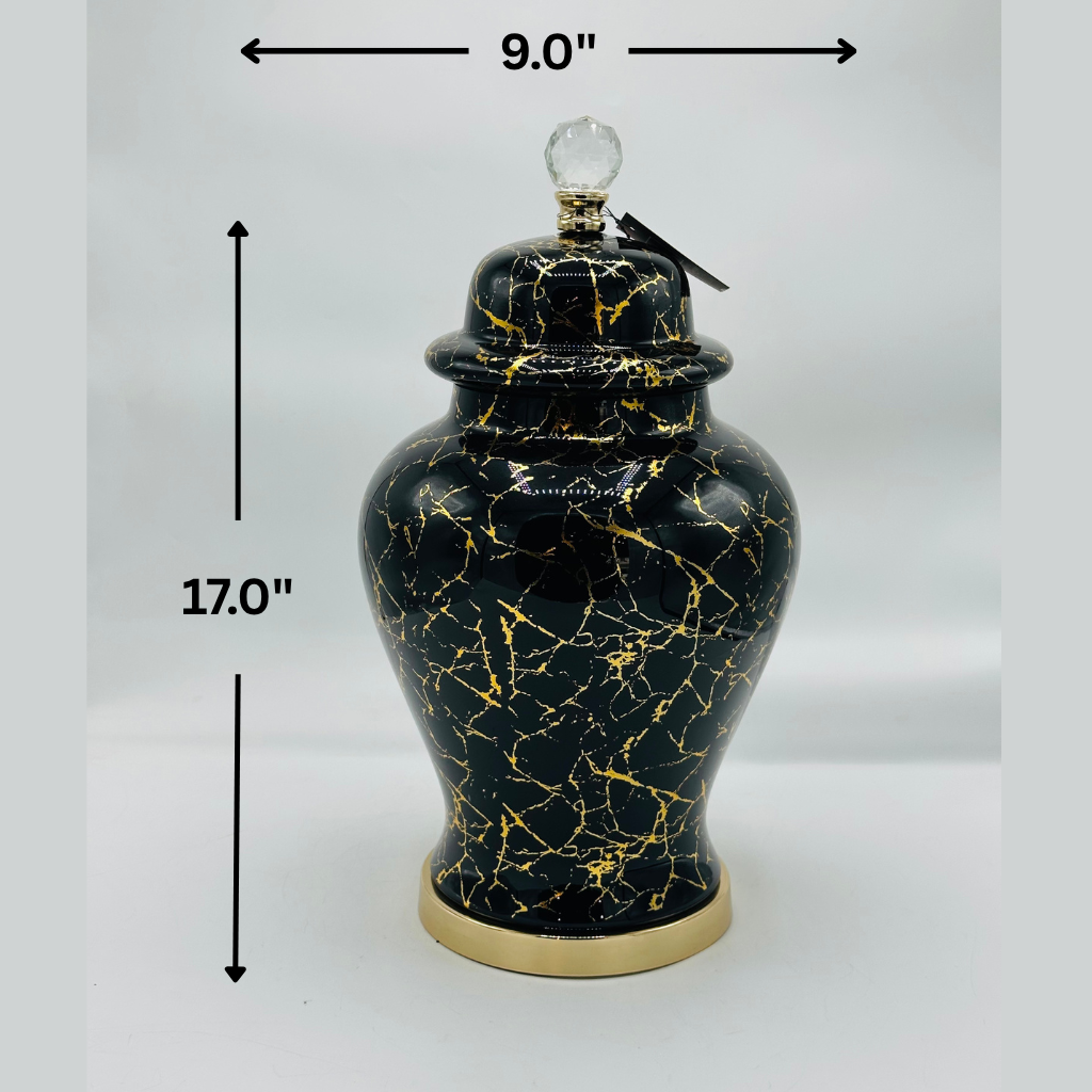 Elegant Forest Green & Gold Crackle Glaze Ceramic Ginger Jar with Crystal Knob - Decorative Urn