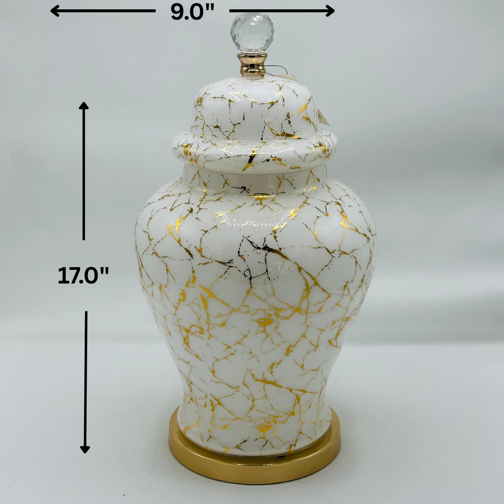Elegant Forest Green & Gold Crackle Glaze Ceramic Ginger Jar with Crystal Knob - Decorative Urn