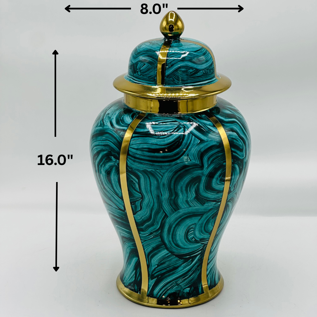 Elegant Teal & Gold Marbled Ceramic Ginger Jar with Lid - Decorative Urn