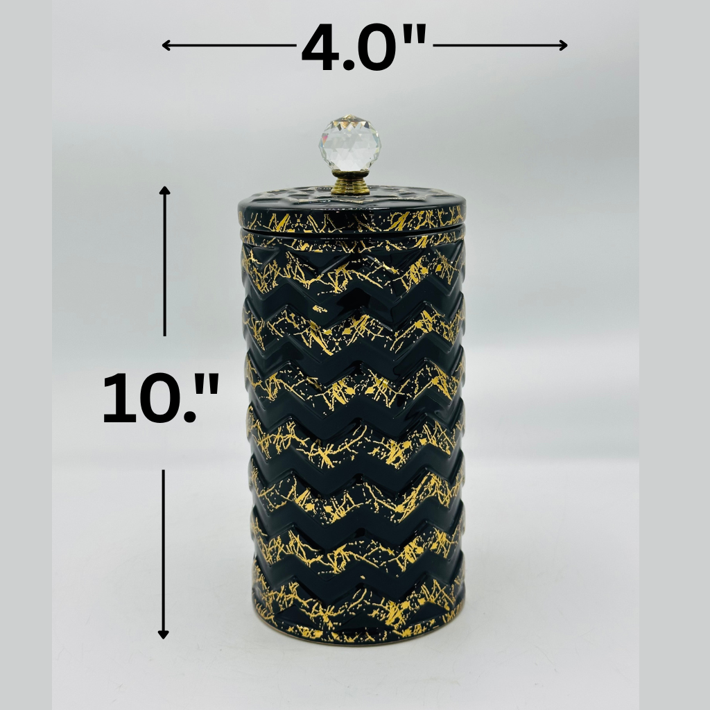 Elegant Black Ceramic Storage Jar with Gold Textured Pattern & Crystal Knob Lid - Decorative Canister