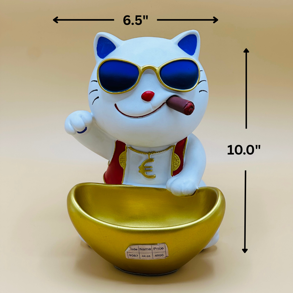 Lucky Cat Resin Statue with Sunglasses - Decorative Storage Tray