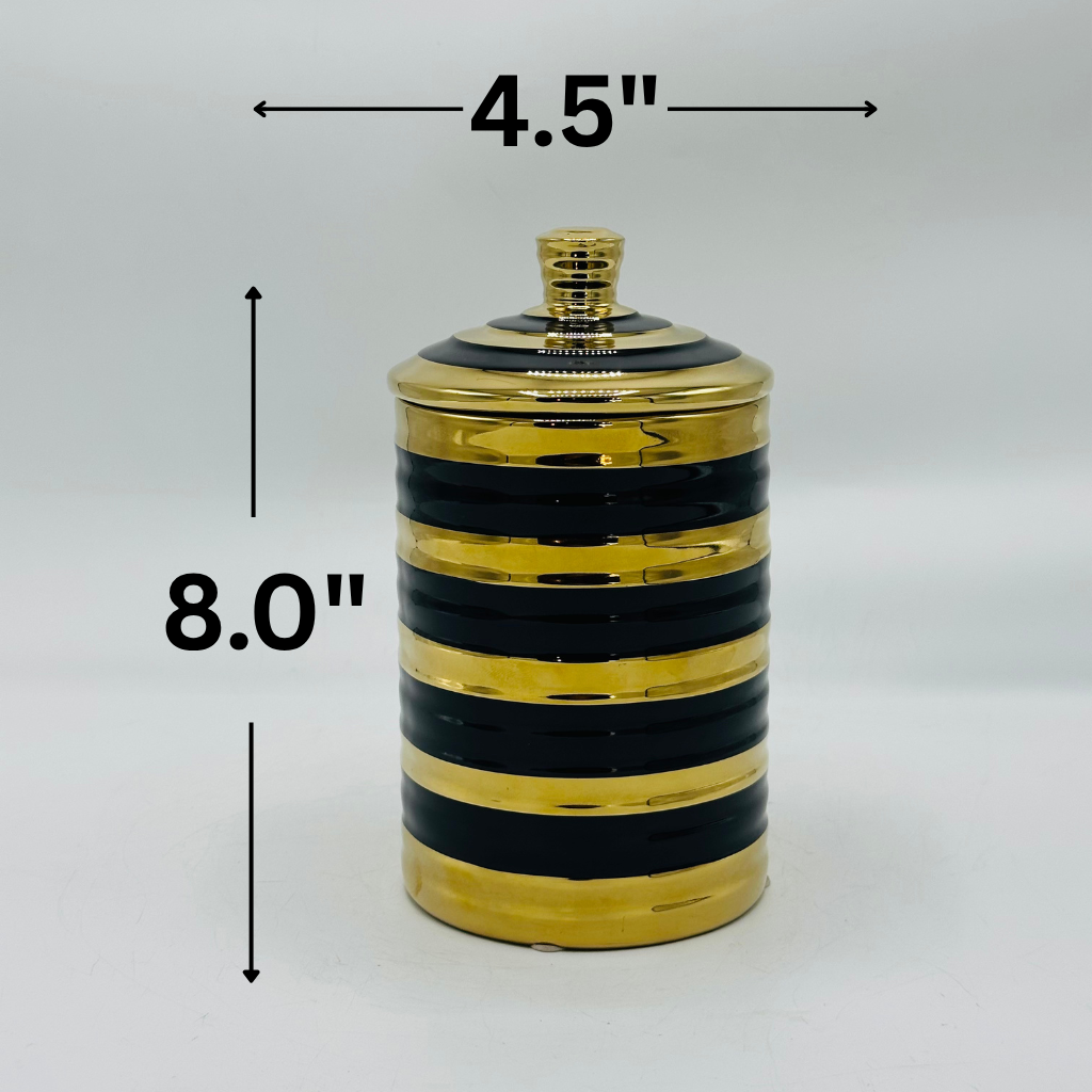 Elegant Black & Gold Striped Ceramic Storage Jar with Lid - Decorative Canister