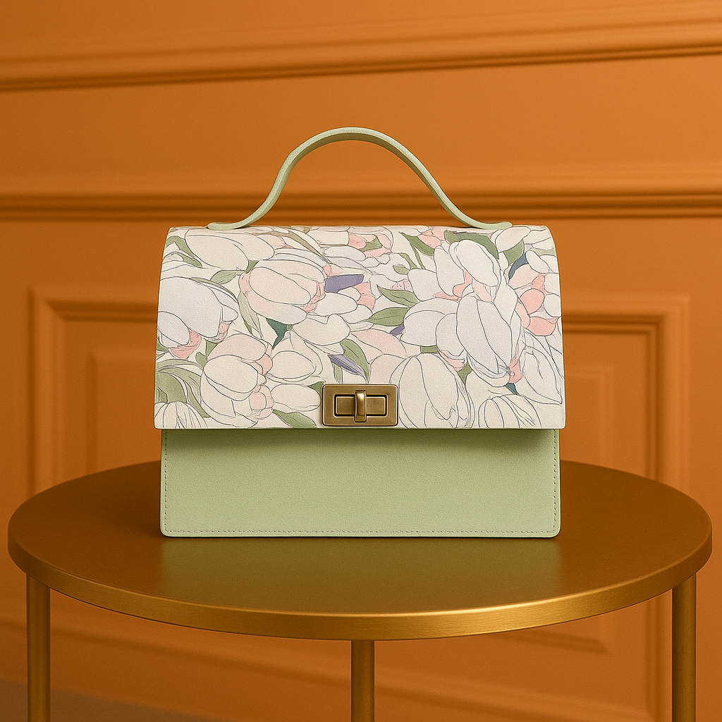 Elegant Pastel Floral Top-Handle Handbag with Tulip Print & Turn-Lock Closure