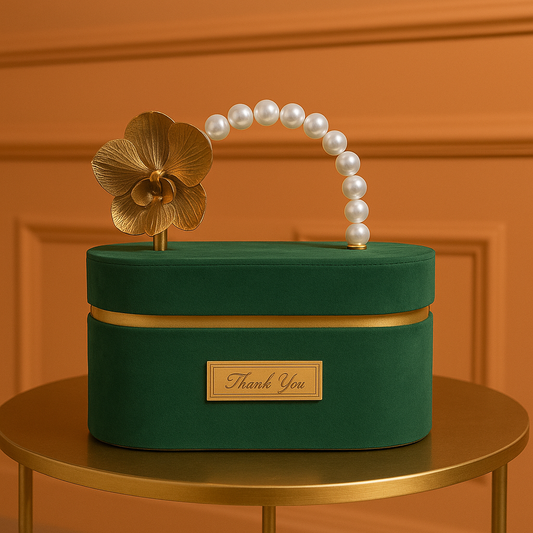 Luxurious Emerald Velvet Gift Box with Pearl Handle & Golden Orchid Accent - Perfect for Gifting