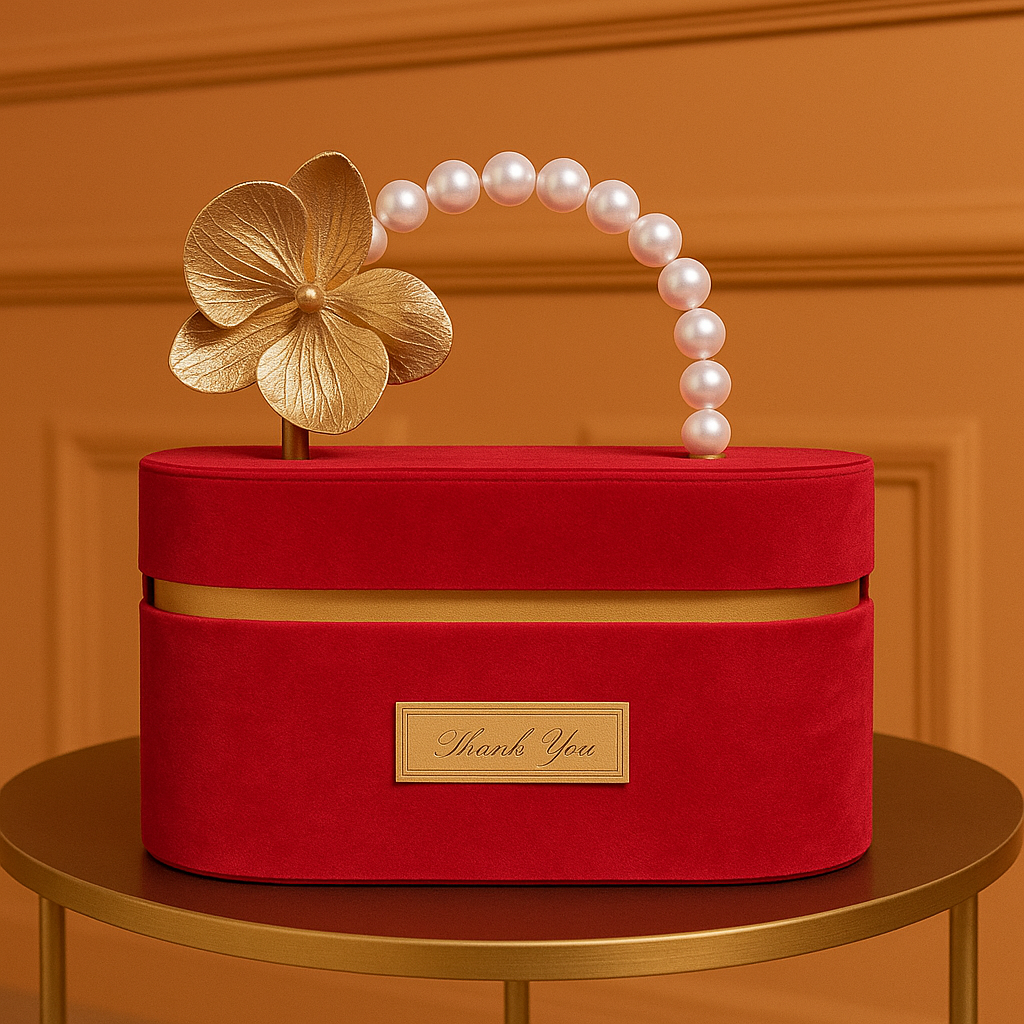 Luxurious Emerald Velvet Gift Box with Pearl Handle & Golden Orchid Accent - Perfect for Gifting