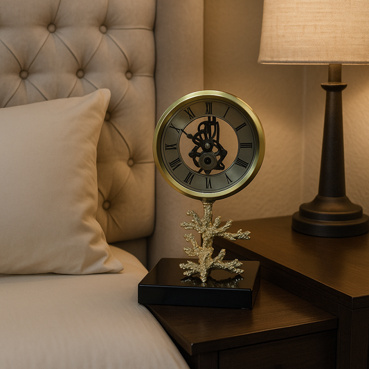 Vintage Brass Skeleton Table Clock with Unique Coral/Branch Base - Roman Numerals Timepiece