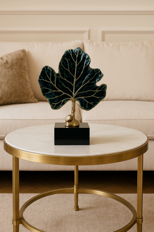 Elegant BlGold Ginko Leaf Sculpture with Marble Base - Modern Botanical Decor
