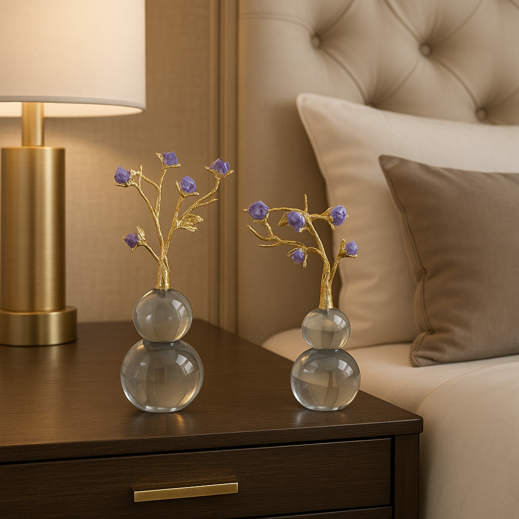 Enchanted Golden Branch Decor with Amethyst Crystal Flowers - Clear Orb Base Sculpture Set