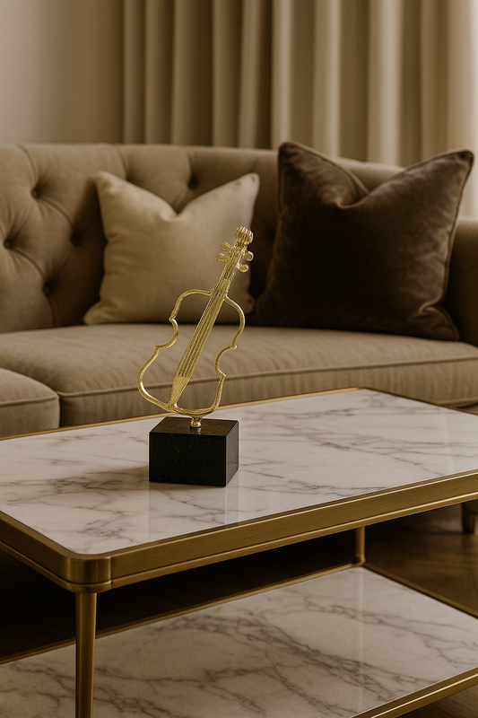 Elegant Golden Violin Silhouette Sculpture - Music Lover's Desk Decor with Black Base