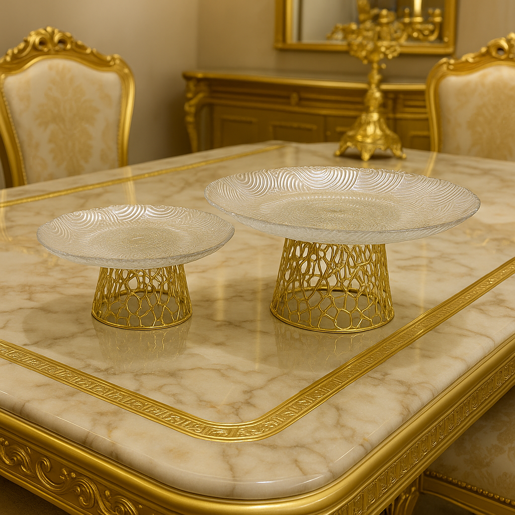 Elegant Wavy Textured Glass Cake Stands with Golden Filigree Base - Dessert Display Set