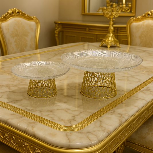 Elegant Wavy Textured Glass Cake Stands with Golden Filigree Base - Dessert Display Set